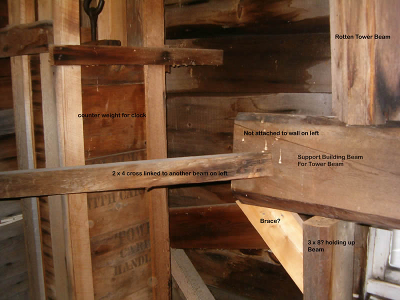 interior beam damage at Meeting House