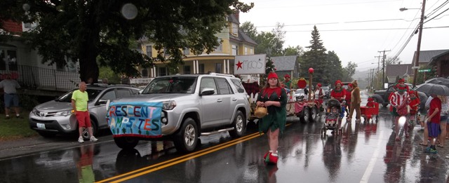 float representing Macy's shop front and elves